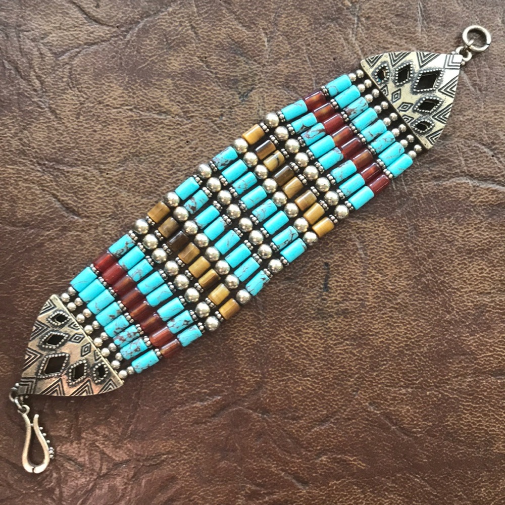 Bohemian Multi-Row Turquoise, Red & Gold Beaded Bracelet